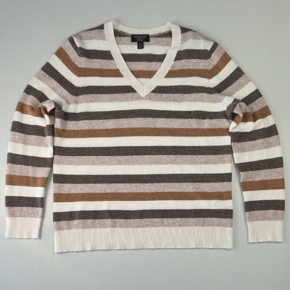 Charter Club Striped Cashmere V-Neck Sweater